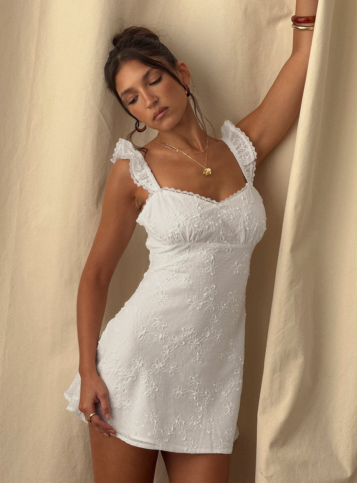 Beacall Embroidered Mini Dress White